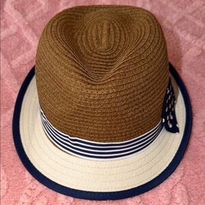 Aldo Brown Straw Fedora with Cream Brim and Navy Accents